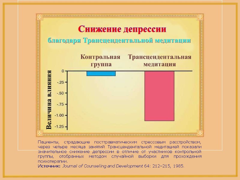 Пациенты, страдающие посттравматическим стрессовым расстройством, через четыре месяца занятий Трансцендентальной медитацией показали значительное снижение Пациенты, страдающие посттравматическим стрессовым расстройством, через четыре месяца занятий Трансцендентальной медитацией показали значительное снижение